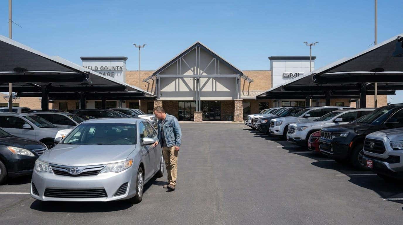 First-time buyer walking the used vehicle lot at their own pace during a no-pressure Sunday self-browse at Weld County Garage in Greeley