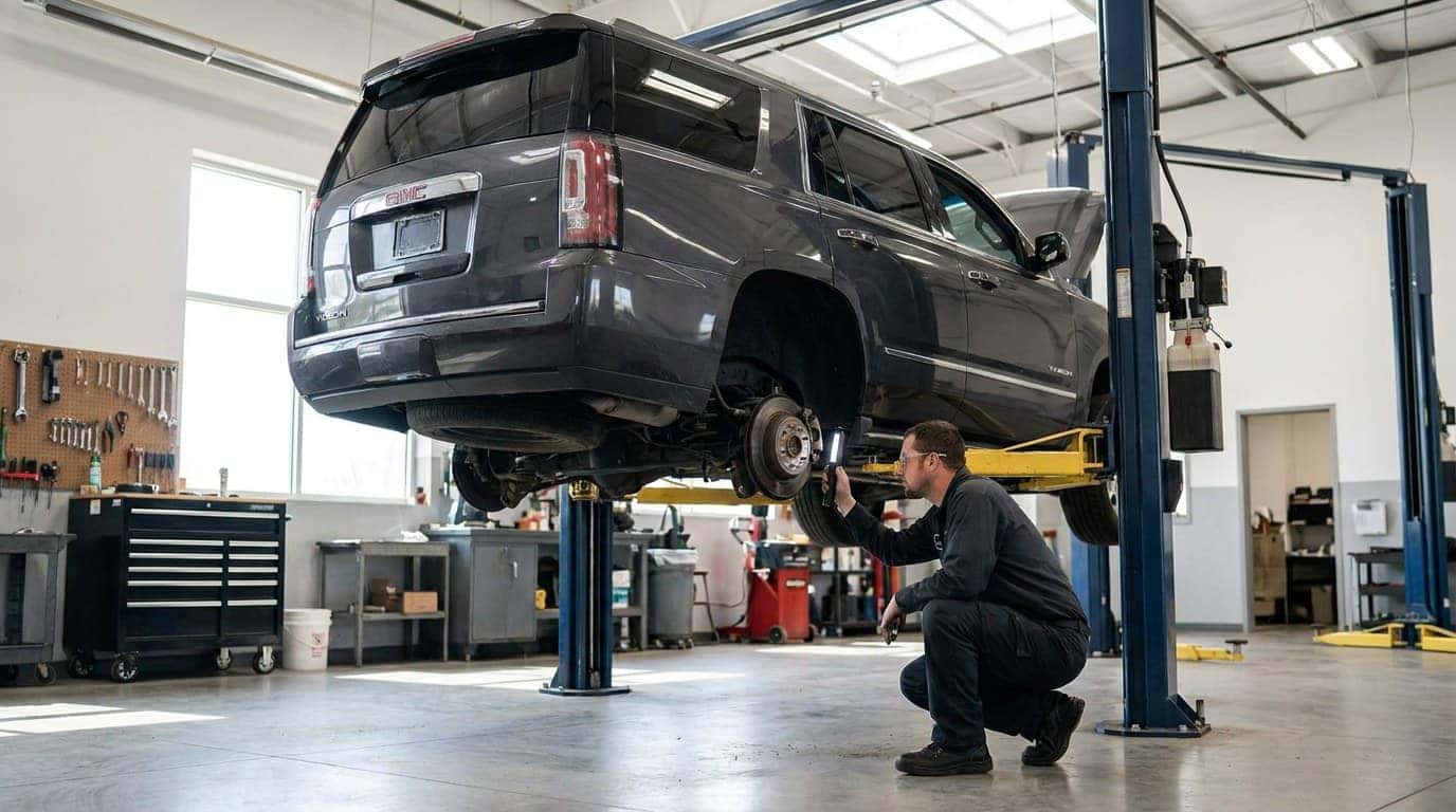 Weld County Garage technician inspecting a used SUV on a lift in the Greeley, Northern Colorado service department