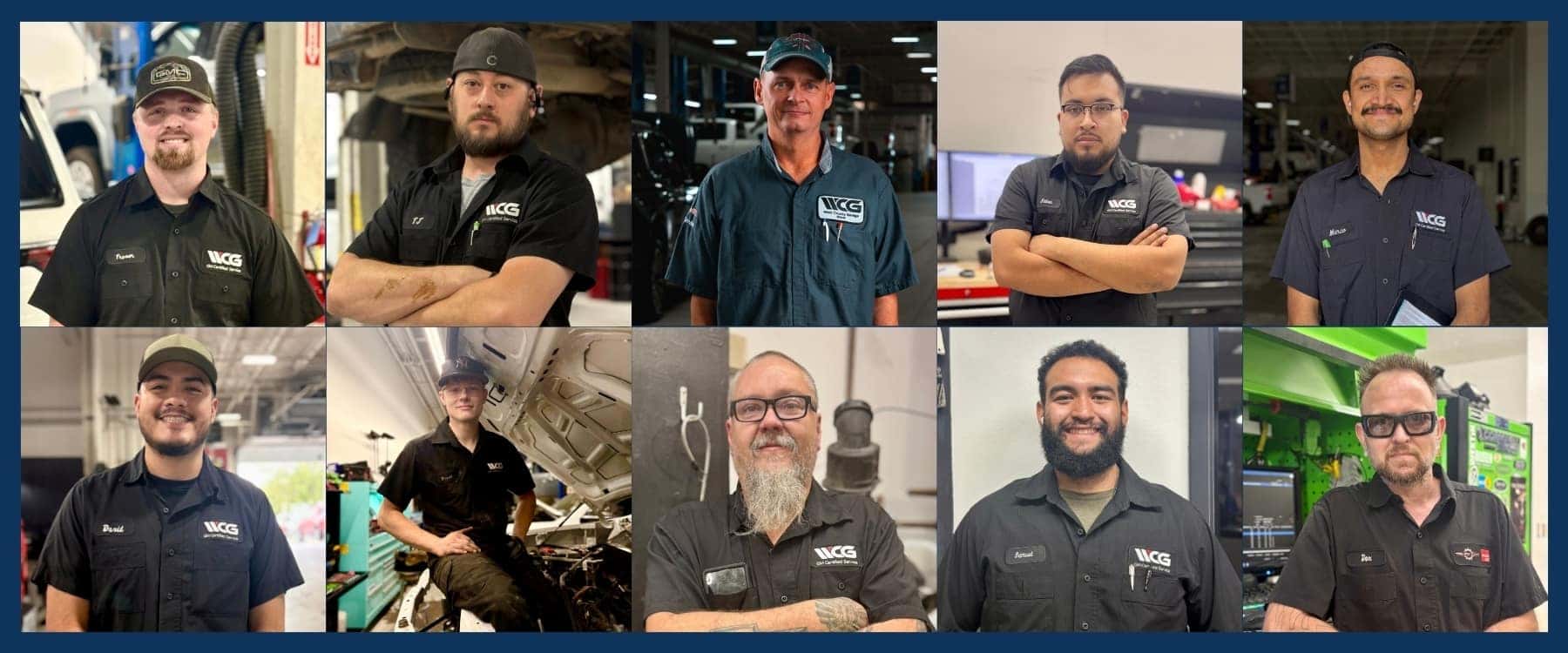 Weld County Garage GMC certified service technicians standing together in the service bay
