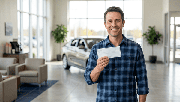 Happy customer holding a check after selling their car to Weld County Garage in Greeley, CO
