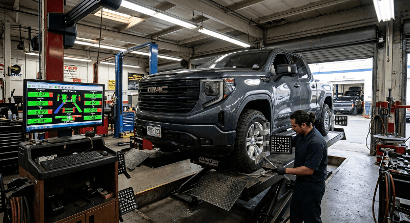 A GMC Sierra on the alignment rack at Weld County Garage with the alignment readings on screen