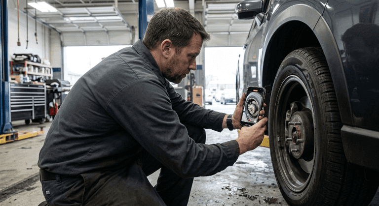 Weld County Garage technician recording video of a customer vehicle’s brakes during the multi-point inspection