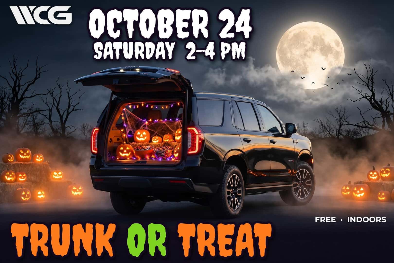 Trunk or Treat at Weld County Garage in Greeley, Saturday, October 24, 2026, 2 to 4 PM. A black GMC Yukon with its liftgate open on a trunk full of jack-o-lanterns and candy.